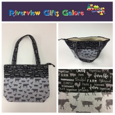 Medium Tote Bag with Zip - Farm Sweet Farm - Charcoal and Animals